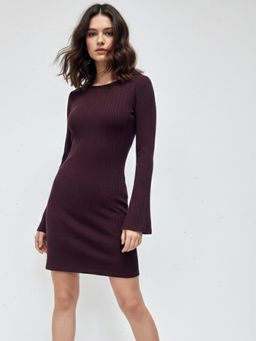 Outzidr - Wine Bell Sleeve Textured Mini Dress
