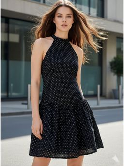 Outzidr - Black Polka-Dot Ruffled Mini Dress