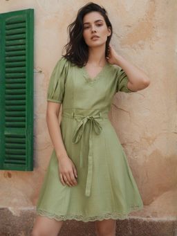 Outzidr - Green Lace-Trim Mini Dress