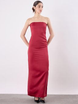 COLOR CAPITAL - Maroon Strapless Satin Maxi Dress
