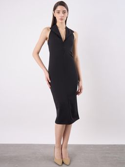 COLOR CAPITAL - Collared Halter Midi Dress - Black