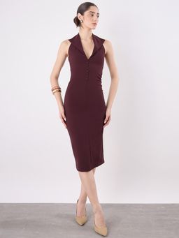 COLOR CAPITAL - Collared Halter Midi Dress - Wine