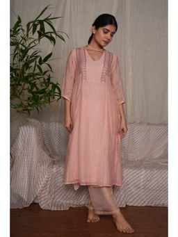 PANTS AND PAJAMAS - Blush Pink Chikan Chanderi Mull Kurta & Cotton Silk Pant (Set of 2)