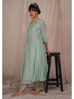 PANTS AND PAJAMAS - Aqua Chikan Chanderi Mull Kurta & Cotton Silk Pant (Set of 2)