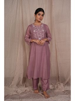 PANTS AND PAJAMAS - Lilac Chikan Chanderi Mul Kurta & Cotton Silk Pant (Set of 2)