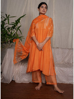PANTS AND PAJAMAS - Orange Chikan Chanderi Mull Kurta & Cotton Silk Pant (Set of 2)