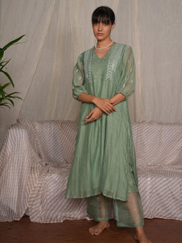 PANTS AND PAJAMAS - Moss Green Chikan Chanderi Mull Kurta