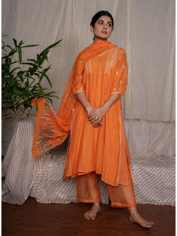 PANTS AND PAJAMAS - Orange Chikan Chanderi Mull Kurta