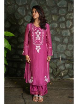 PANTS AND PAJAMAS - Berry Chikan Chanderi Mull Kurta