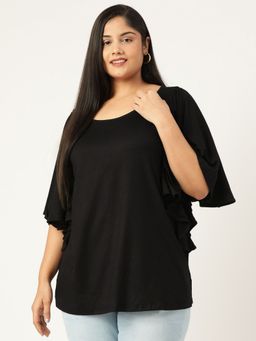 theRebelinme - Plus Size Women Black Solid Colour Viscose Longline Top