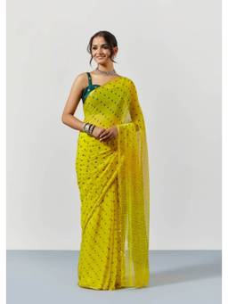 Sutra Attire - Yellow Chiffon Printed Bandhani Saree with Unstitched Blouse