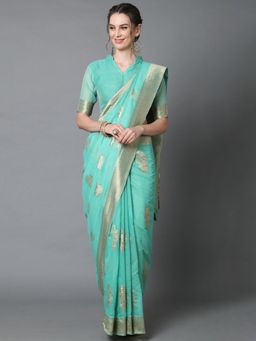 Akhilam - Teal Blue Festive Silk Blend Woven Design Saree with Unstitched