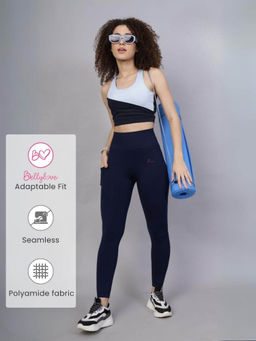 Zelena - Women Polyamide Ankle Length Postpartum Seamless Leggings with Pocket - Navy Blue