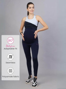 Zelena - Women Polyamide Ankle Length Pregnancy Seamless Leggings with Pocket - Navy Blue