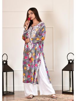 House of Chikankari - Nuha Mulmul Straight Grey Kurta