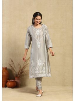 House of Chikankari - Chanderi Chikankari Womens Long Kurta with Pant -Grey