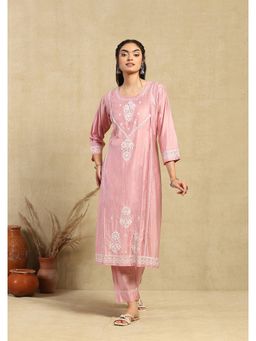 House of Chikankari - Chanderi Chikankari Womens Long Kurta with Pant -Pink
