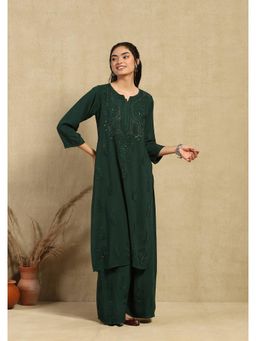 House of Chikankari - Rayon Chikankari Mukaish Long Kurta with Palazzo - Dark Green