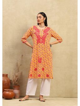House of Chikankari - Cotton Chikankari Printed Womens Long Kurta - Mustard Yellow