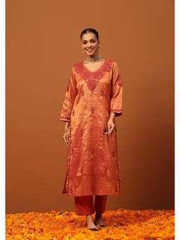 House of Chikankari - Tissue Silk Chikankari Womens Long Kurta With Inner-Copper