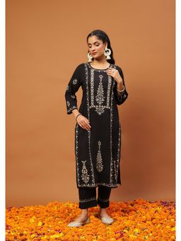 House of Chikankari - Cotton Chikankari Gota Work Womens Long Kurta with Pant -Black