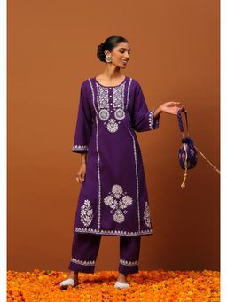 House of Chikankari - Cotton Chikankari Womens Long Kurta with Pant-Purple