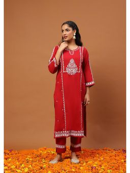 House of Chikankari - Cotton Chikankari Womens Long Kurta with Pant- Maroon