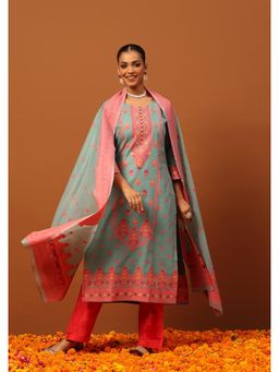 House of Chikankari - Banarasi Chanderi Kurta with Pant and Dupatta -Seafoam Blue