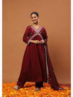 House of Chikankari - Silk Blend A-Line Anarkali Kurta with Palazzo and Dupatta-Maroon