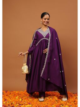 House of Chikankari - Silk Blend A-Line Anarkali Kurta with Pant and Dupatta-Purple