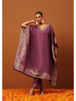 House of Chikankari - Crafts Jacquard Silk Hand Embellished Kaftan With Inner and Pant- Purple
