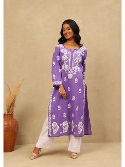 House of Chikankari - Nida Chikankari Cotton Straight Kurta - Purple