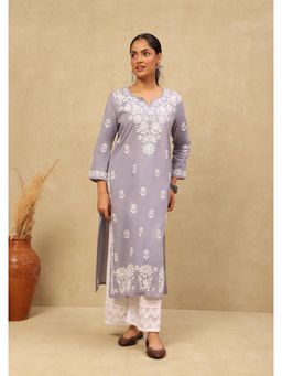 House of Chikankari - Nida Chikankari Cotton Straight Kurta - Grey