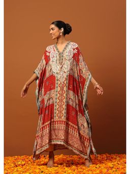 House of Chikankari - Crepe Chikankari Printed Womens Kaftan -Maroon