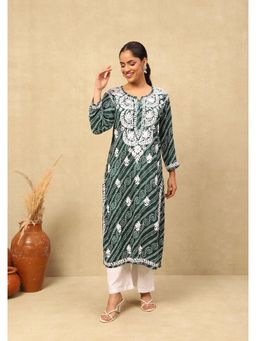 House of Chikankari - Rayon Chikankari Bandhani Printed Womens Long Kurta-Green