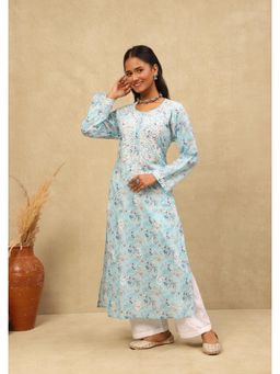 House of Chikankari - Mulmul Chikankari Printed Womens Long Kurta -Light Blue