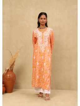 House of Chikankari - Mulmul Chikankari Printed Womens Long Kurta -Orange