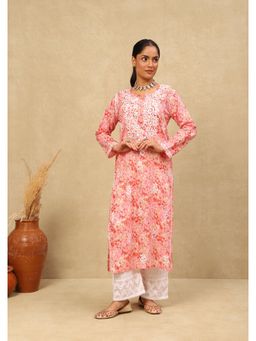 House of Chikankari - Mulmul Chikankari Printed Womens Long Kurta -Pink