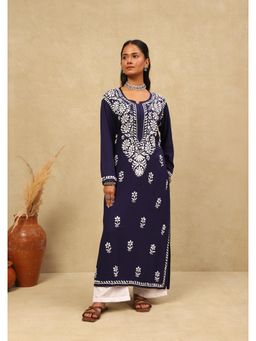 House of Chikankari - Rayon Chikankari Womens Long Kurta -Navy Blue