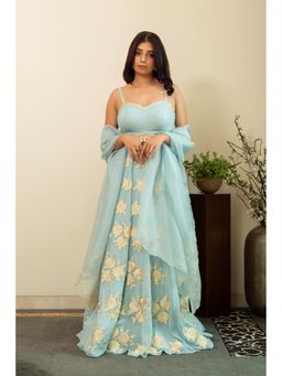 House of Inari - Gulbano Lehenga with Stitched Blouse and Dupatta In Powder Blue