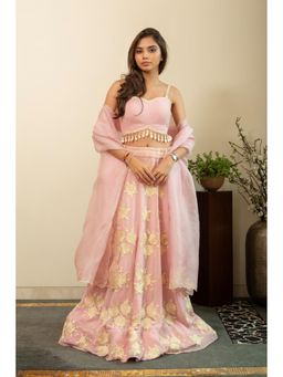 House of Inari - Gulbano Lehenga with Stitched Blouse and Dupatta In Pastel Pink