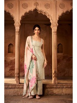 Saanjh by Lea - Nusra Sage Green Long Kurta with Pant and Dupatta