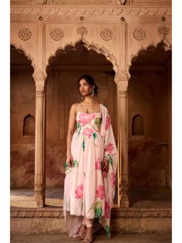 Saanjh by Lea - Ziya Pink Floral Printed Corset Anarkali Kurta with Churidar Pant and Dupatta