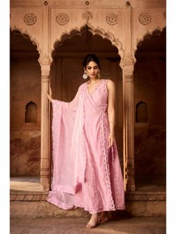 Saanjh by Lea - Gulbaano Light Pink Embroidered Angrakha Kurta with Pant and Dupatta