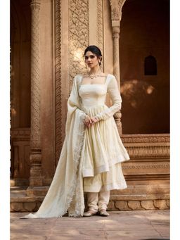 Saanjh by Lea - Sehrish Ivory Mukaish Double Tiered Anarkali Kurta with Churidar and Dupatta