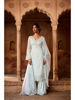 Saanjh by Lea - Shafika Baby Blue Georgette Pakistani Style Kurta with Palazzo and Dupatta