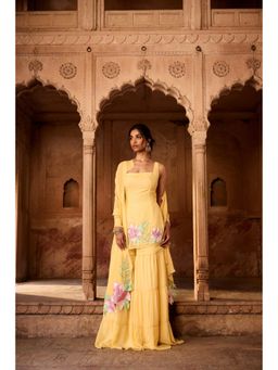 Saanjh by Lea - Rehana Yellow Floral Embroidered Sharara with Kurti and Dupatta