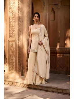 Saanjh by Lea - Rumaisa Golden Sleeveless Embroidered Beige Sharara with Kurti and Dupatta