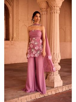 Saanjh by Lea - Nakhat Mauve 3D Flower Embroidered Sleeveless Sharara with Kurti and Dupatta