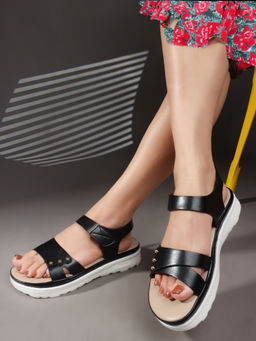 ELLE - Black Velcro Round Toe Women Sandals
